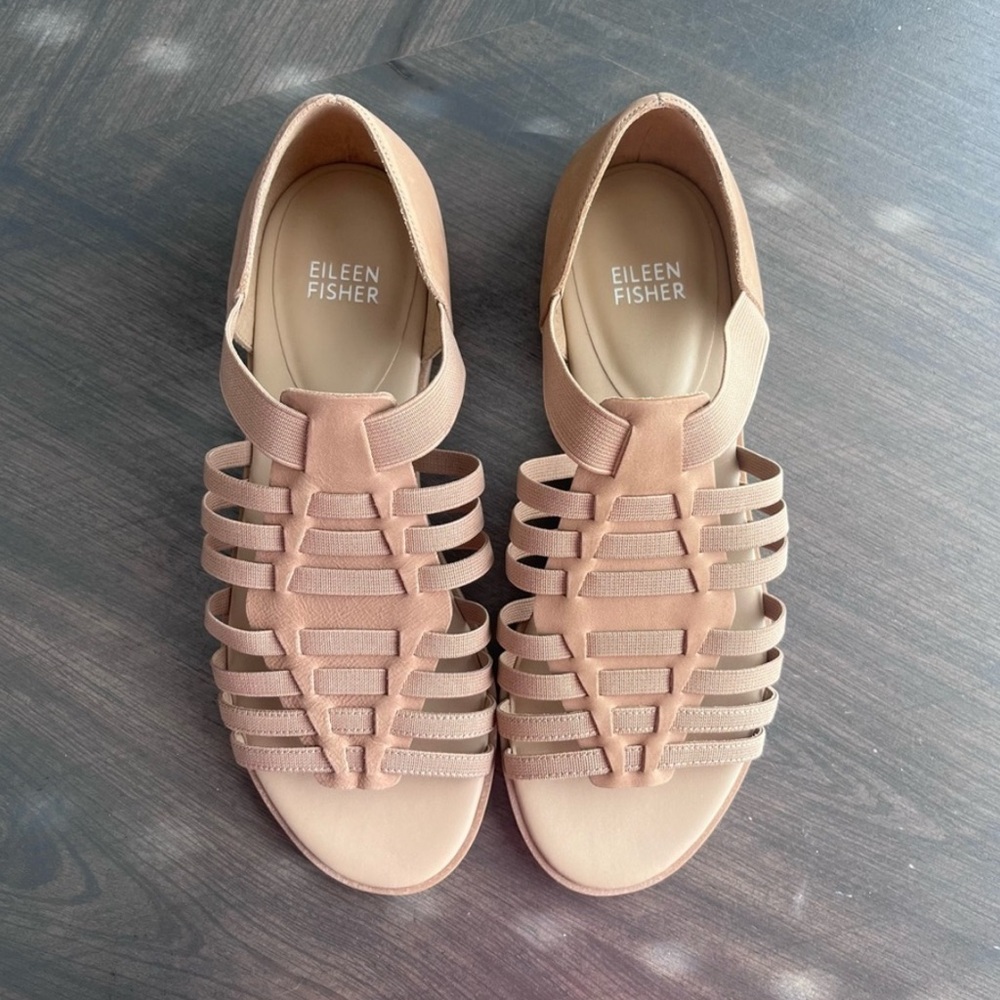 NEW Eileen Fisher Rato Elastic Tan Nubuck Gladiator Sandals Flats Size 7.5 - Picture 3 of 7